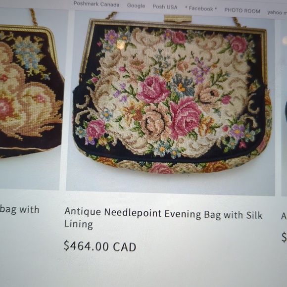 Vtg 50s 60s Needlepoint Embroidered Purse Bag Panels Floral Roses Black Linen - Picture 9 of 9